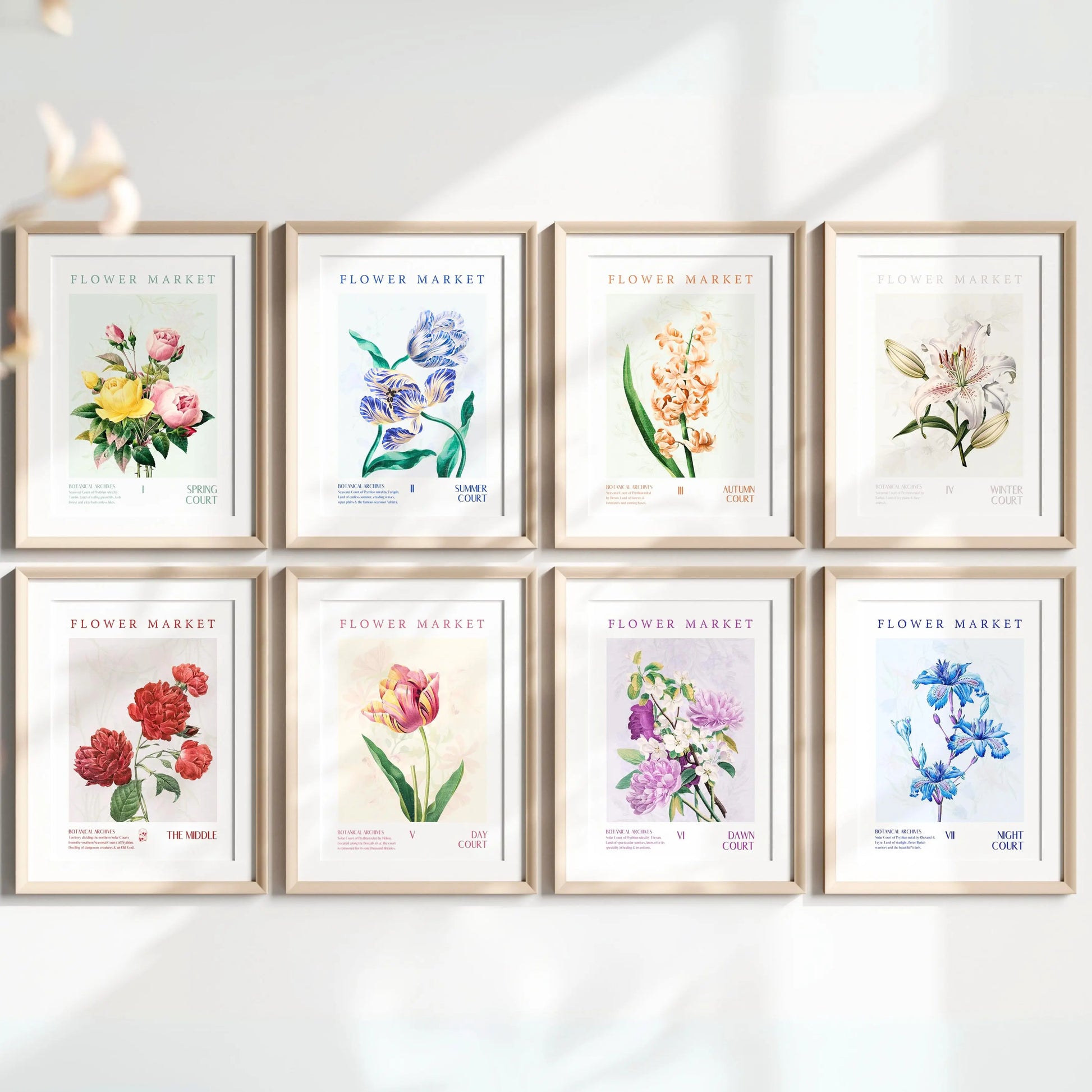 Flower Market poster representing the Seven Courts of Prythian from ACOTAR, with elegant botanical details.