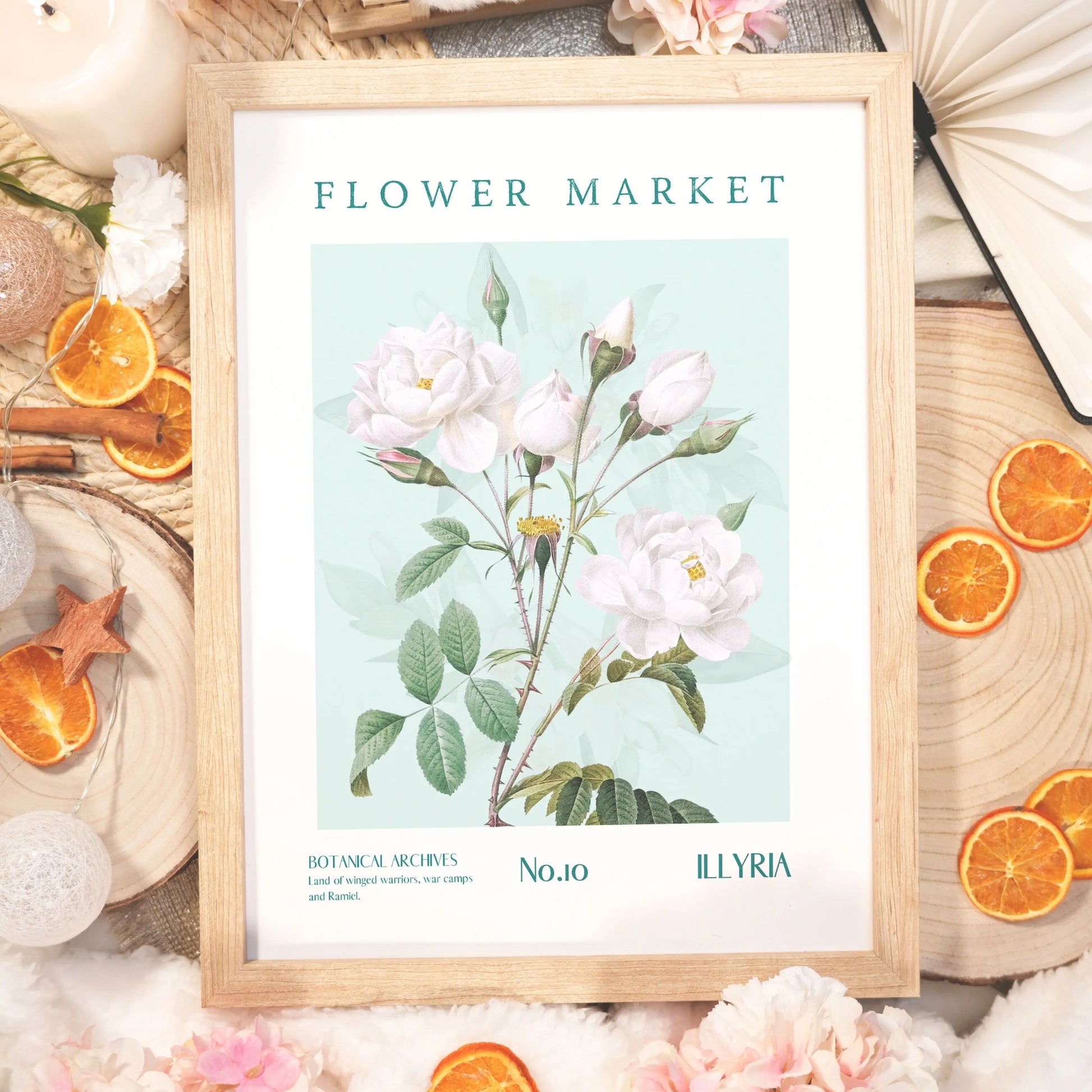 Illyria Flower Market poster, ACOTAR-inspired floral printable art featuring elegant flowers and a romantic bookish design