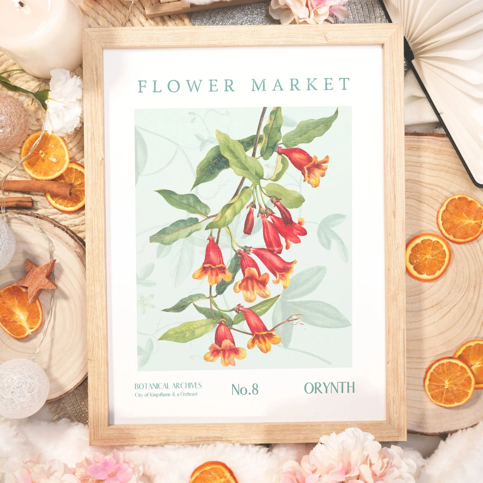 Flower Market poster inspired by Orynth from Throne of Glass, featuring elegant floral designs and vintage floral theme