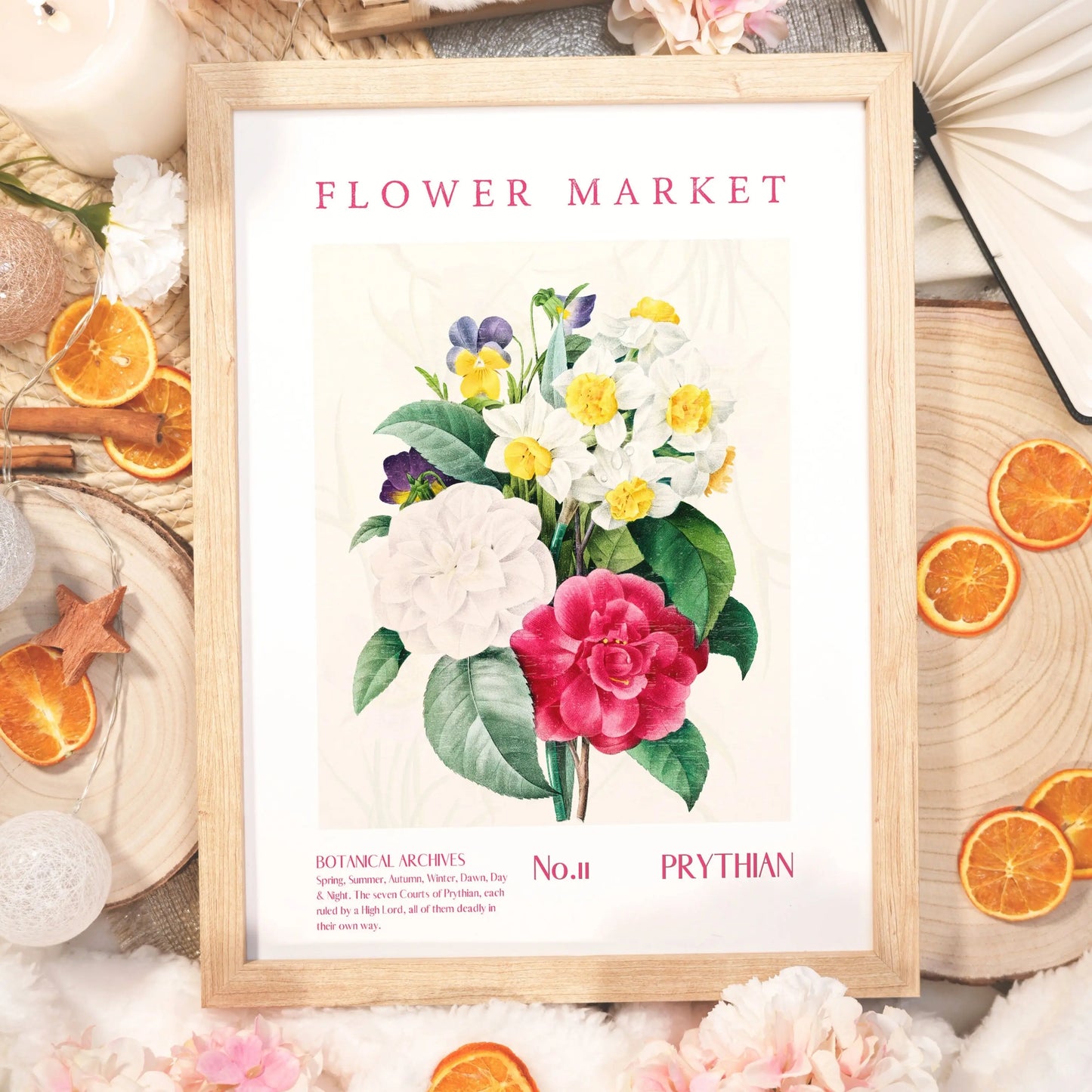 Prythian Flower Market poster with botanical designs inspired by ACOTAR, featuring intricate flowers and vintage style typography.