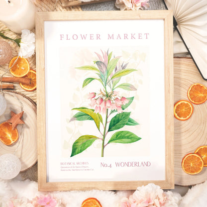 Wonderland Flower Market botanical art print, showcasing delicate pink flowers with whimsical fantasy-inspired details for book lovers