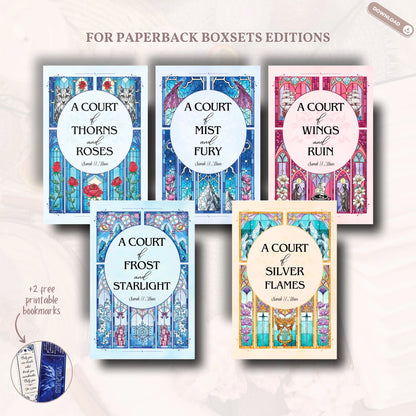 Printable ACOTAR dust jackets for English paperback box sets, featuring intricate designs inspired by A Court of Thorns and Roses series.