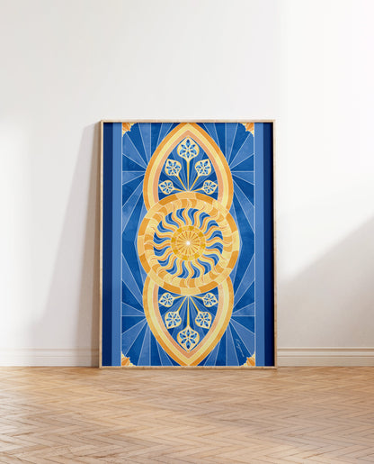 Stained Glass Blue sun poster Kayana Illustrations