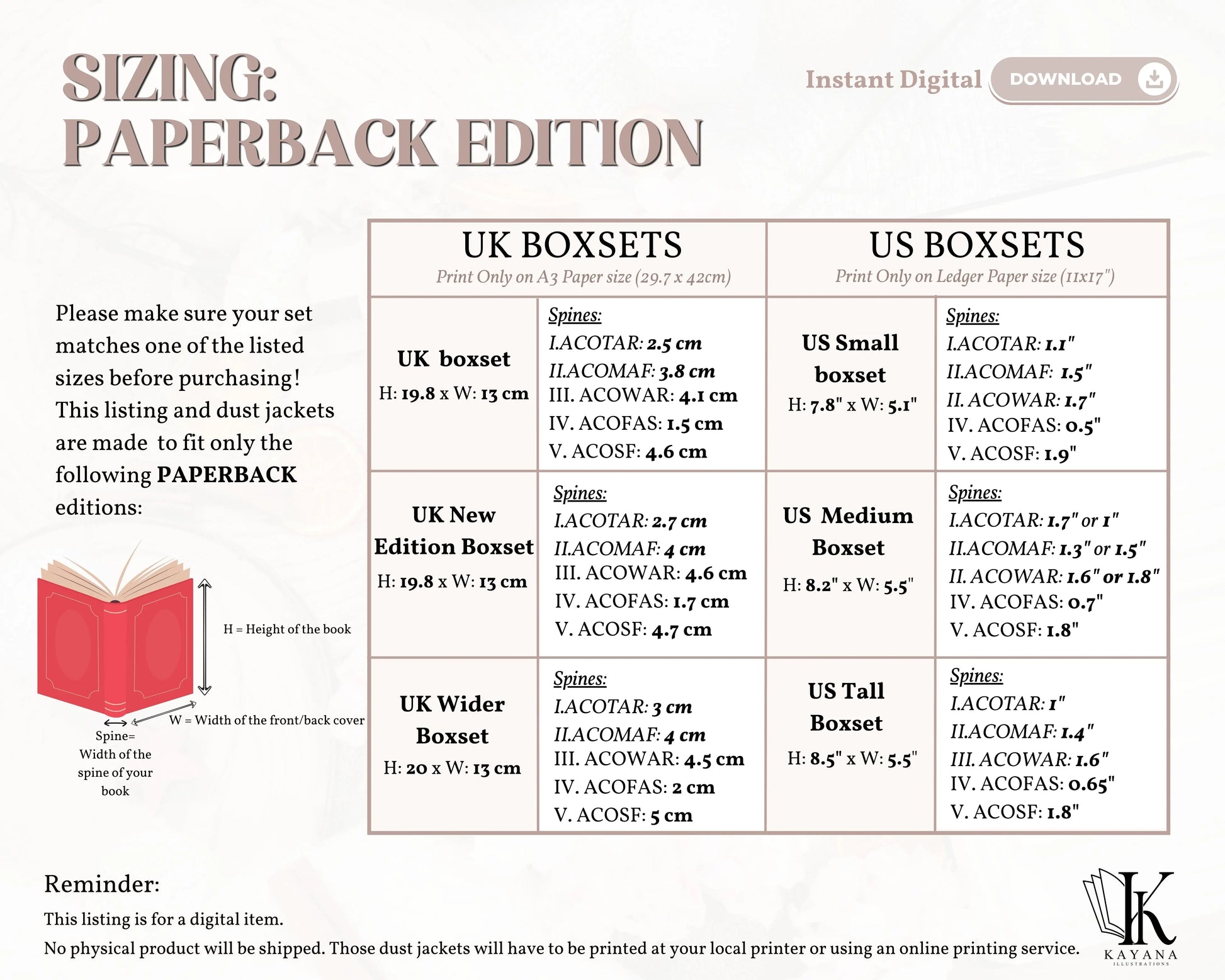 ACOTAR Printable Dust Jackets sizing guide for paperbacks