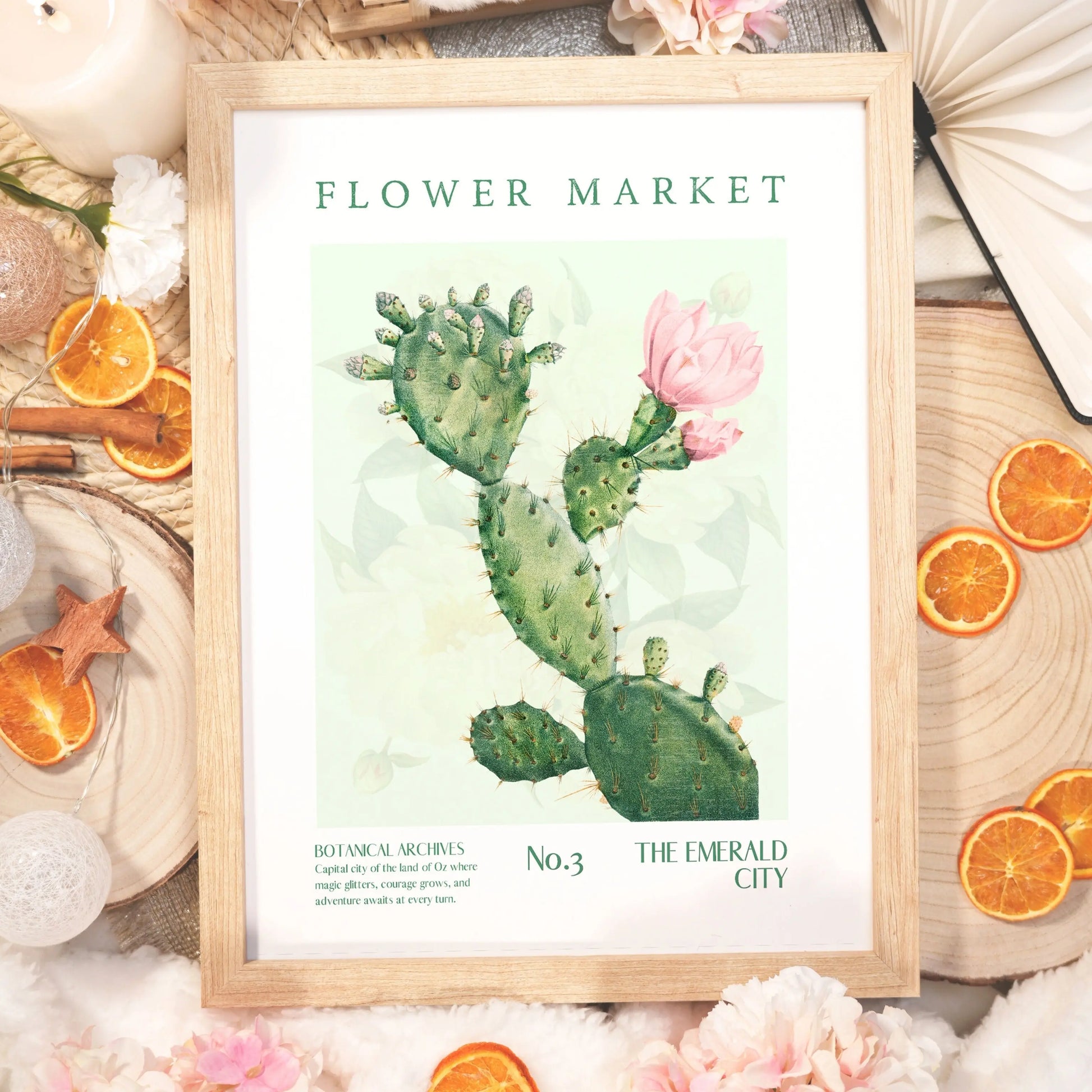 Flower Market poster inspired by the Emerald City, Green cactus representing Elphaba and the sweet pink flower blooming from it represents Glinda.