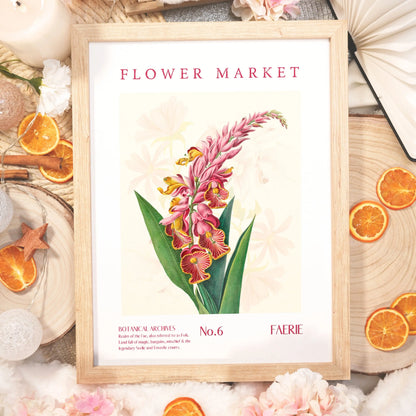 Flower Market poster inspired by the fantasy world of Faerie, with delicate blooms and magical vibes.