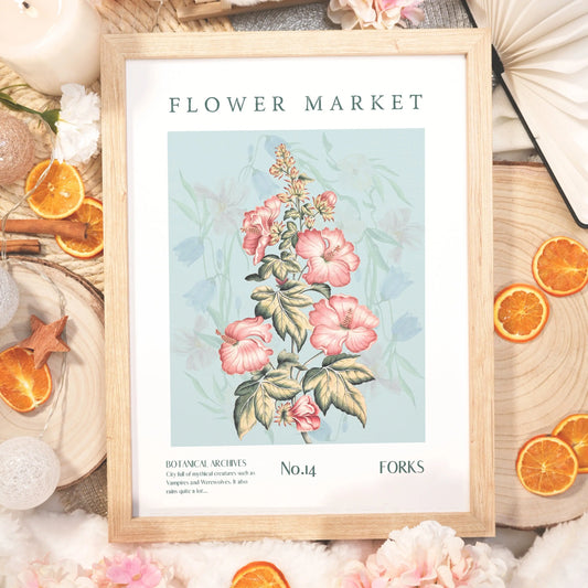 Flower Market poster inspired by Forks from Twilight, featuring soft blooms and whimsical lettering in a vintage poster style