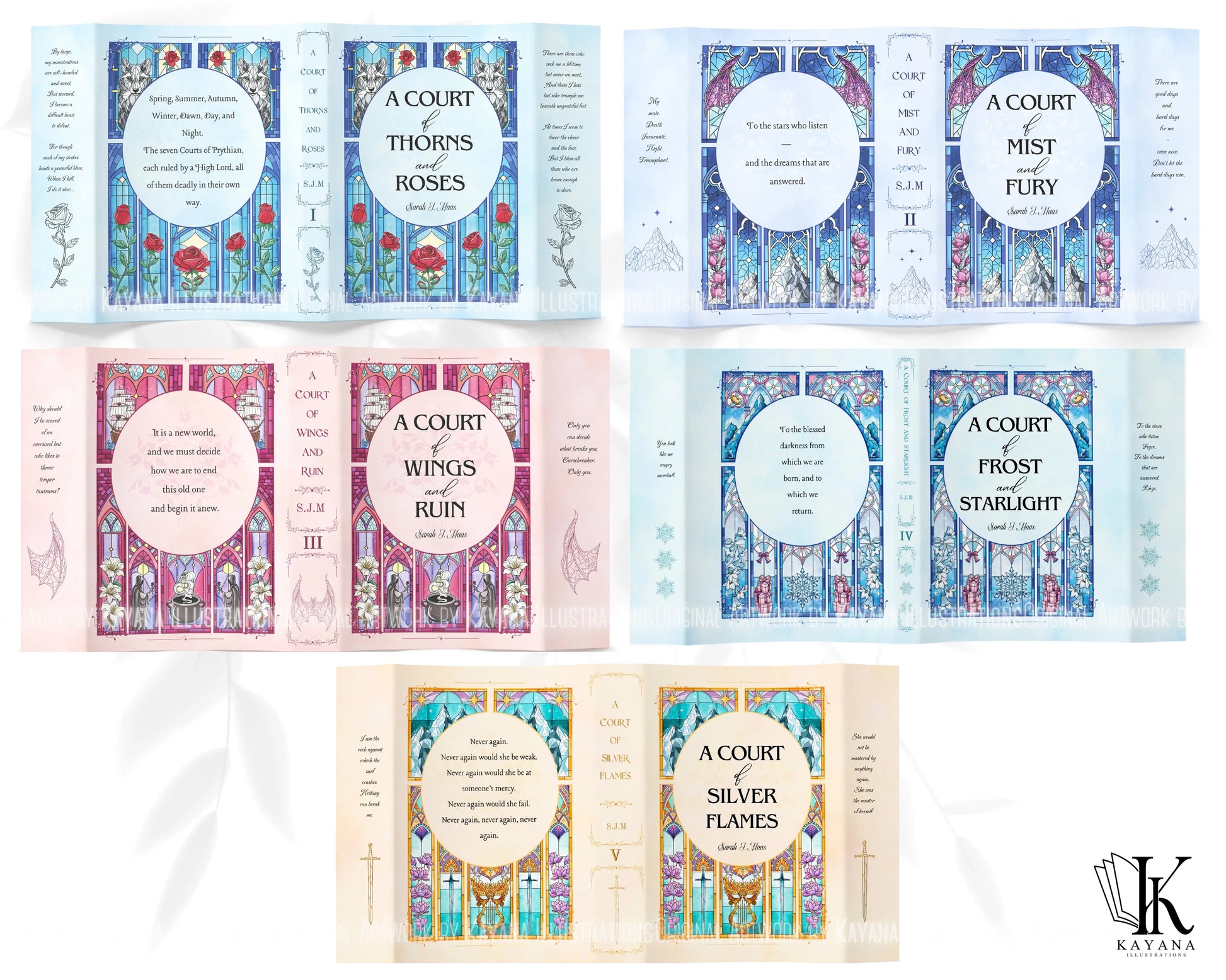 Full set of printable ACOTAR dust jackets displaying front, back, spine and side flaps