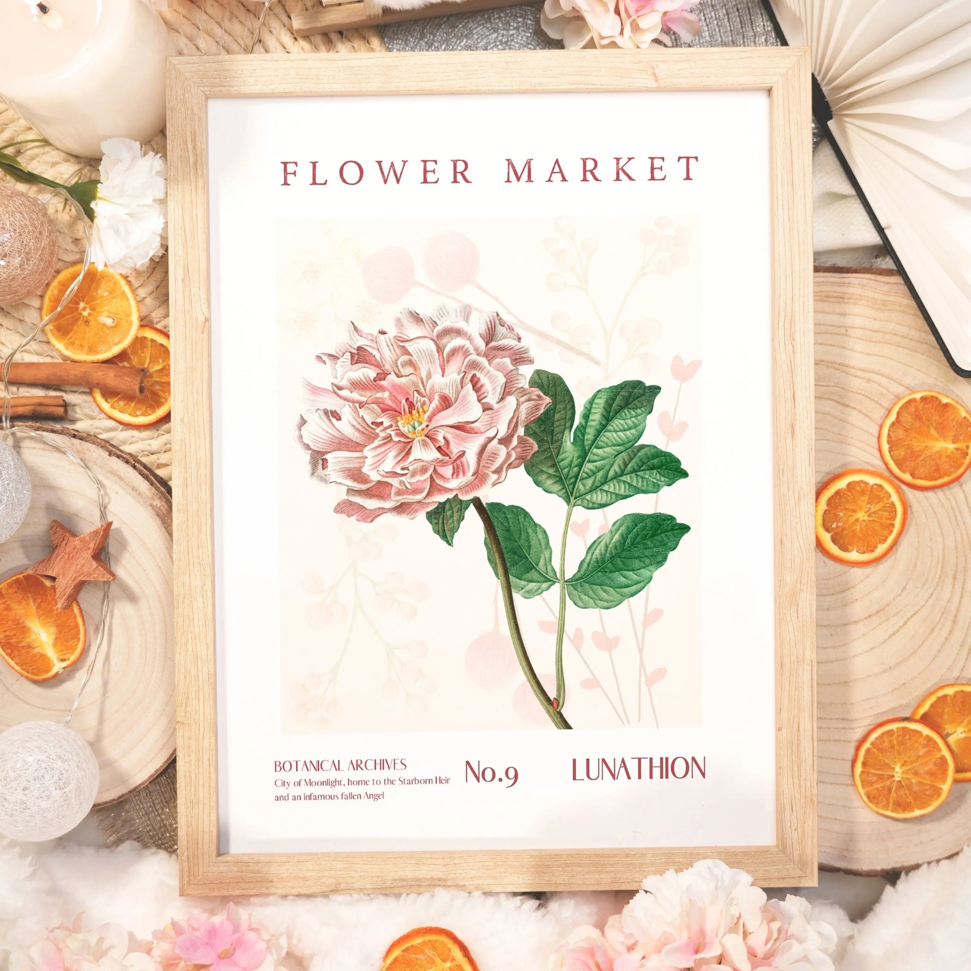 Lunathion Flower Market poster with vibrant floral designs inspired by Crescent City, showcasing artistic blooms and stylish typography.