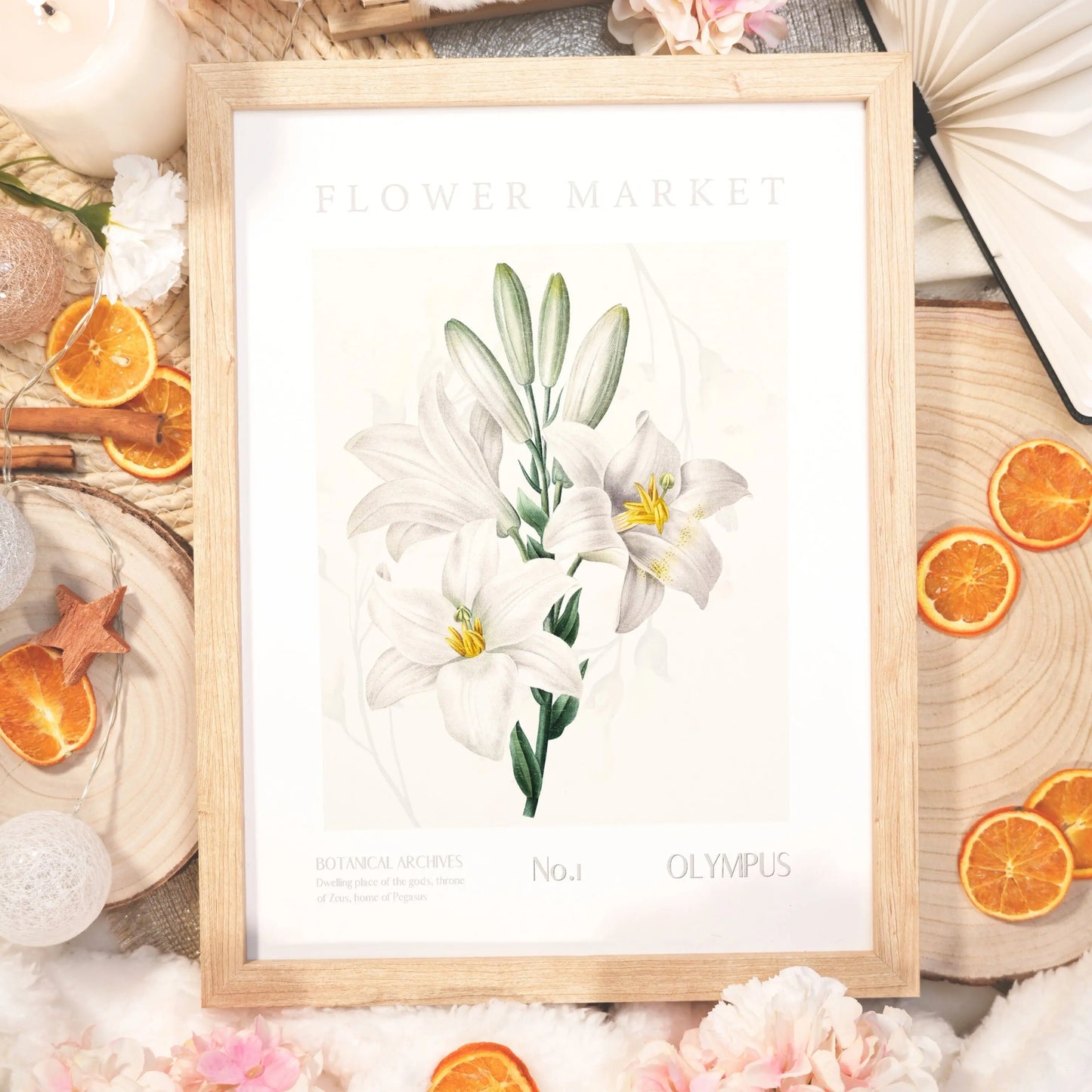 Mount Olympus Flower Market botanical art print, featuring elegant white lilies and Greek-inspired design, perfect for romantasy and fantasy fans.