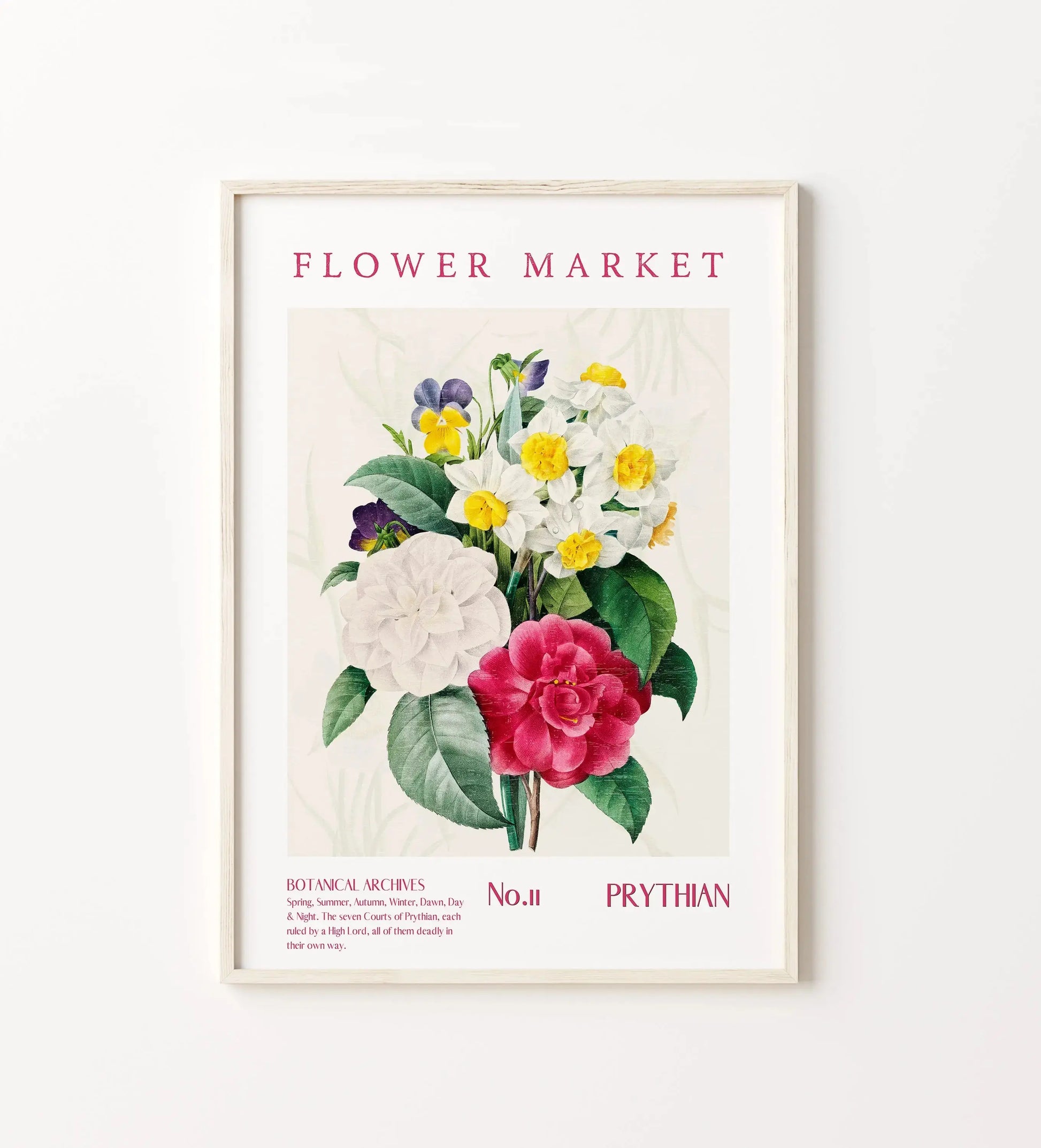 Flower Market poster inspired by the Seven Courts of Prythian from ACOTAR, featuring elegant blooms and vintage typography.