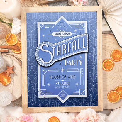 Starfall Party blue poster in a vintage Art Deco style, inspired by the ACOTAR series.